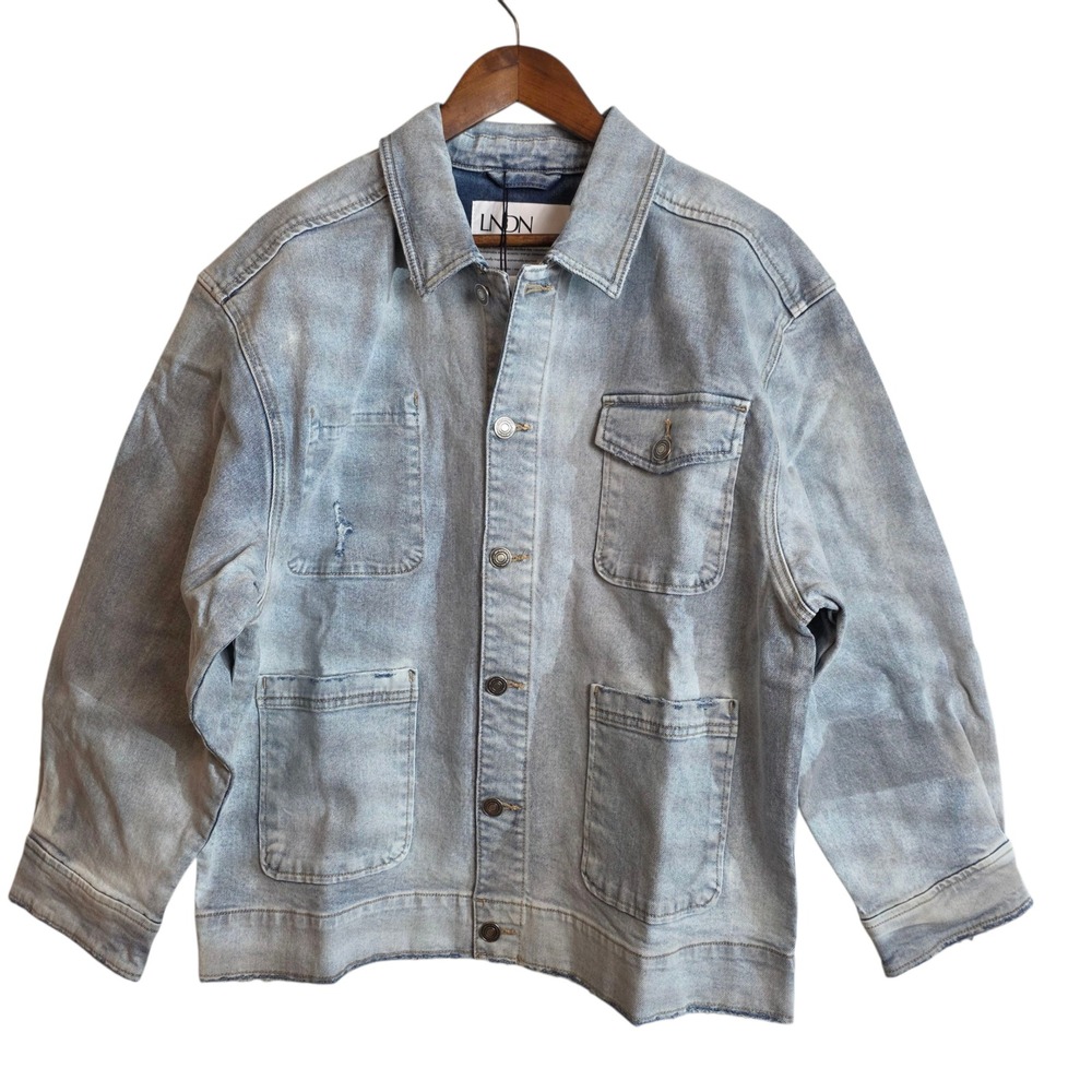 LNDN Denim Jacket Men's Medium Light Wash Distressed Pockets Button Up 053 Bin